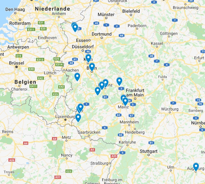 Kartenausschnitt mit Orten des Wirkens und der Verehrung christlicher Heiliger in Deutschland
