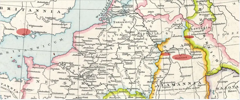 Eine Karte des fränkischen Reiches mit den Wirkungsorten der heiligen Lioba